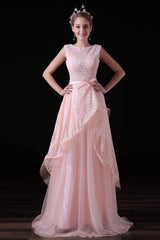 Party Dress Beige, Sweet Tulle & Lace Bateau Neckline Floor-length A-line Prom Dresses With Belt