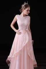 Spring Dress, Sweet Tulle & Lace Bateau Neckline Floor-length A-line Prom Dresses With Belt