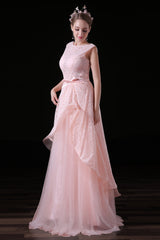 White Prom Dress, Sweet Tulle & Lace Bateau Neckline Floor-length A-line Prom Dresses With Belt