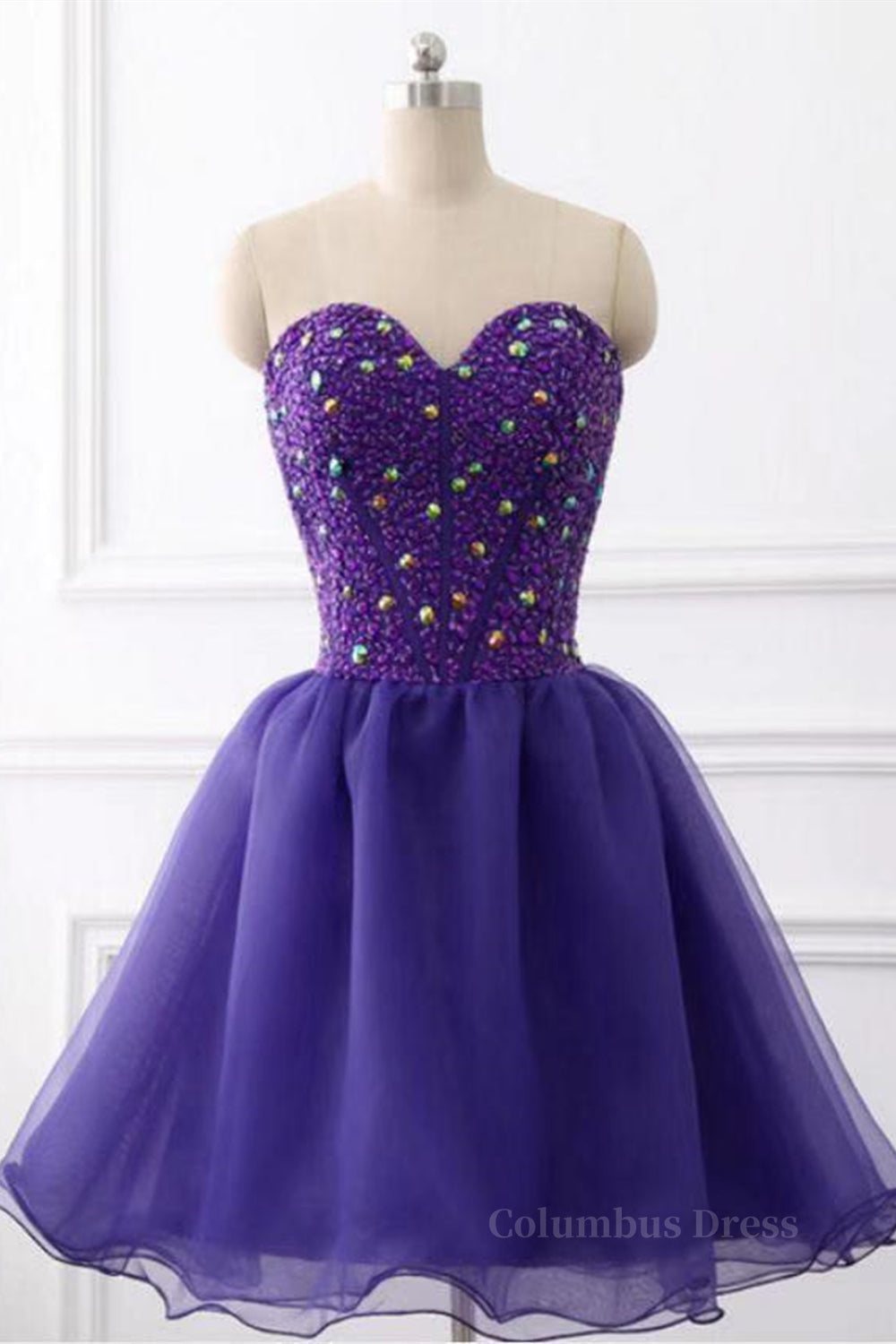 Evening Dresses Prom Long, Sweetheart Neck Beaded Dark Purple Short Prom Dress, Strapless Dark Purple Homecoming Dress, Dark Purple Beaded Formal Evening Dress