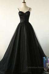 Bridesmaids Dress Websites, Sweetheart Neck Black Tulle Long Prom Dress, Thin Straps Black Formal Evening Dress, Black Ball Gown