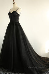 Bridesmaid Dresses Website, Sweetheart Neck Black Tulle Long Prom Dress, Thin Straps Black Formal Evening Dress, Black Ball Gown