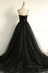 Bridesmaid Dress Websites, Sweetheart Neck Black Tulle Long Prom Dress, Thin Straps Black Formal Evening Dress, Black Ball Gown