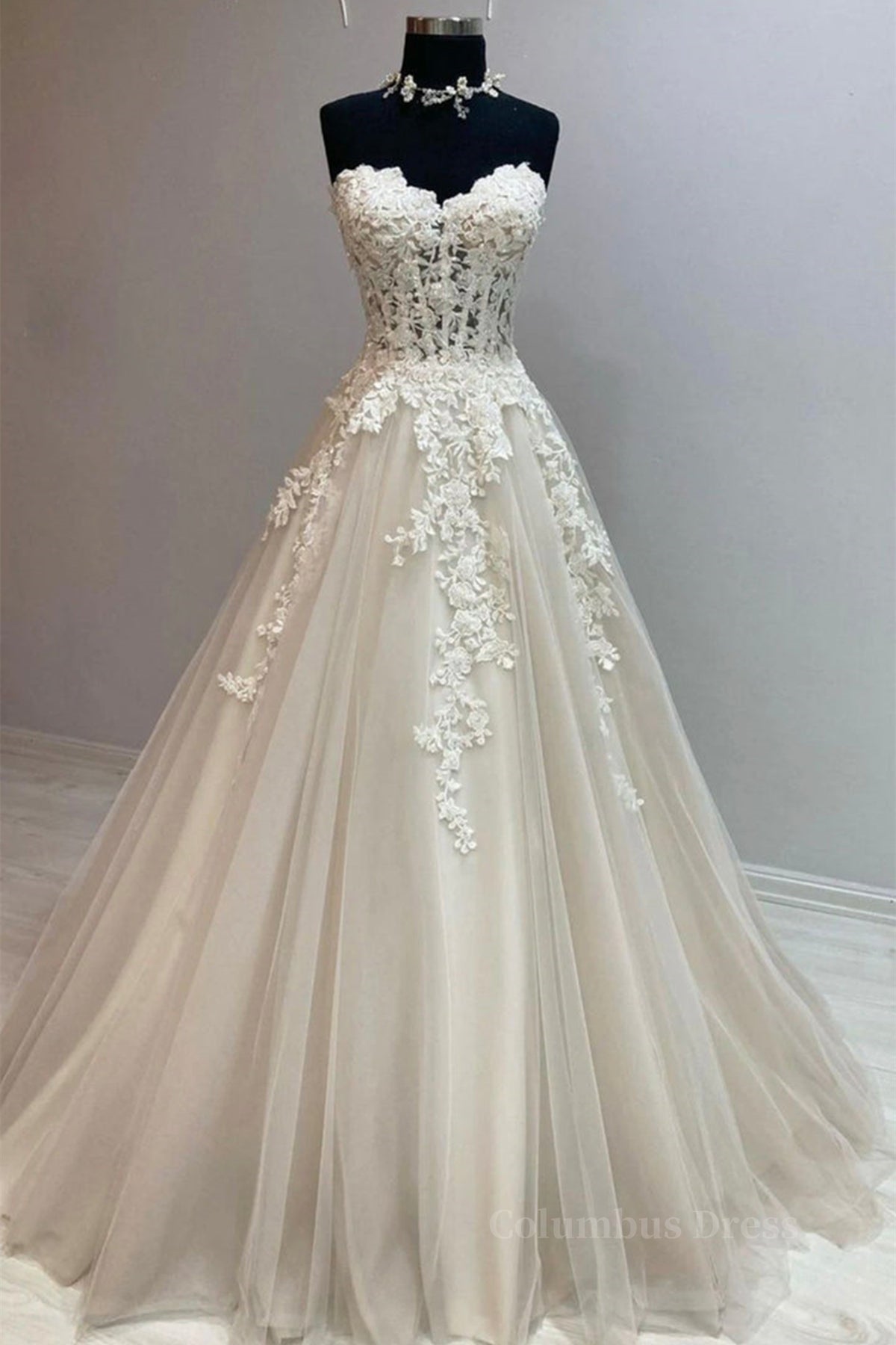 Formal Dresses Ballgown, Sweetheart Neck Champagne Tulle Lace Long Prom Dresses, Strapless Champagne Formal Dresses, Champagne Lace Evening Dresses
