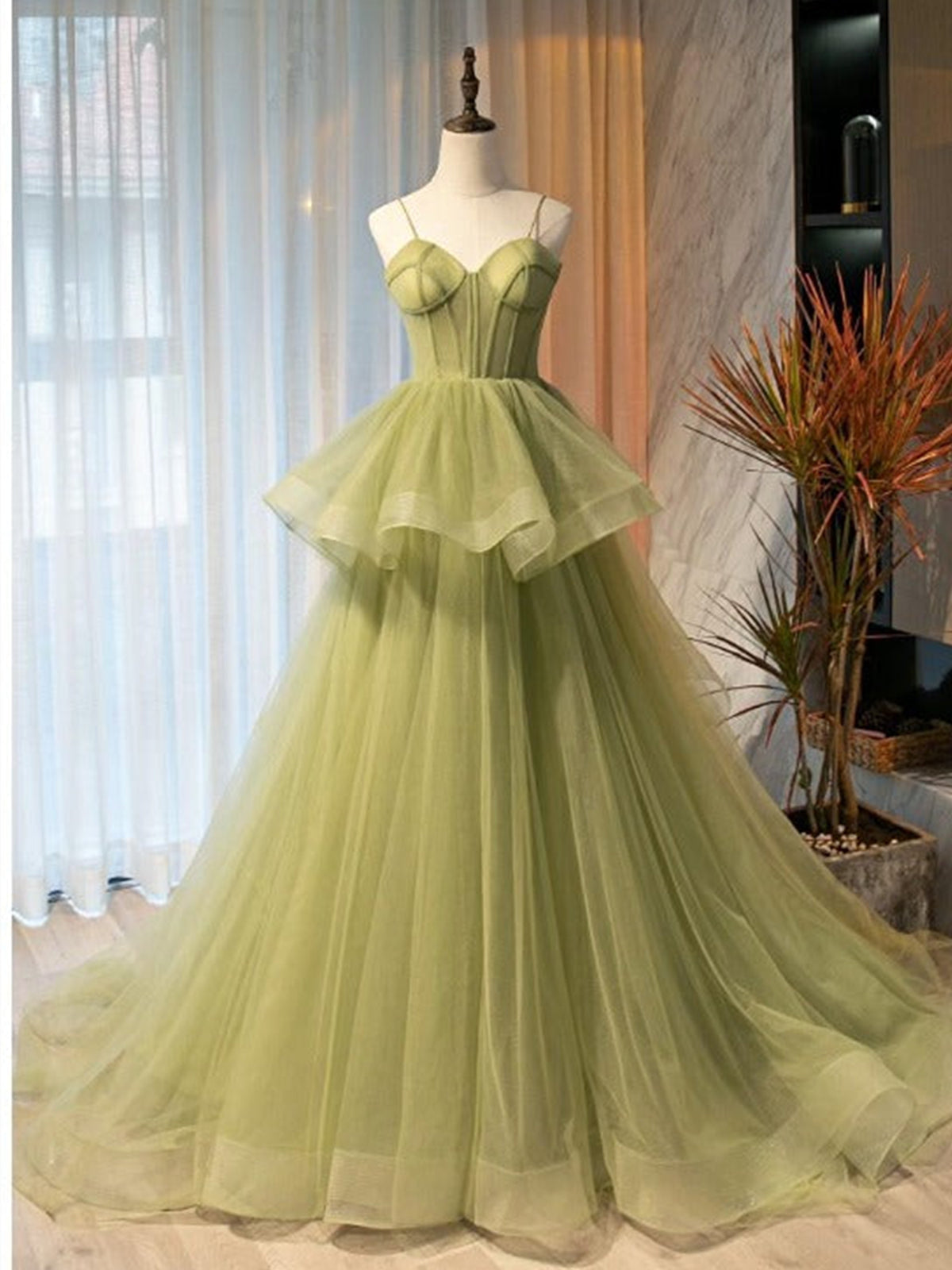 Club Dress, Sweetheart Neck Green Tulle Long Prom Dresses, Green Tulle Long Formal Graduation Dresses