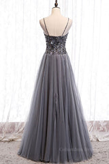 Evening Dresses Unique, Sweetheart Neck Grey Sequins Tulle Long Prom Dress, Grey Sequins Formal Evening Dress