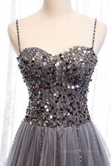 Evening Dresses Gowns, Sweetheart Neck Grey Sequins Tulle Long Prom Dress, Grey Sequins Formal Evening Dress