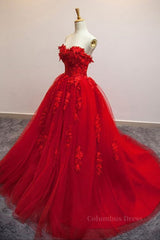 Formal Dress Gowns, Sweetheart Neck Red Lace Floral Long Prom Dresses, Red Lace Formal Evening Dresses, Red Ball Gown