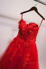 Formal Dresses Fashion, Sweetheart Neck Red Lace Floral Long Prom Dresses, Red Lace Formal Evening Dresses, Red Ball Gown