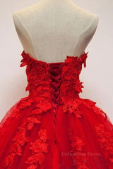 Formal Dress Fashion, Sweetheart Neck Red Lace Floral Long Prom Dresses, Red Lace Formal Evening Dresses, Red Ball Gown