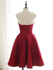 Formal Dress Cheap, Sweetheart Neck Short Burgundy Lace Prom Dresses, Short Wine Red Lace Formal Evening Dresses