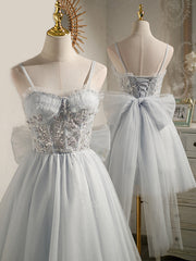 Design Dress, Sweetheart Neck Short Gray Tulle Prom Dresses, Short Grey Tulle Formal Graduation Dresses