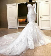 Wedding Dresses Fashion, Sweetheart White Illusion neck Mermaid Beaded Lace Wedding Dress