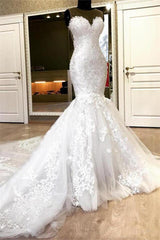 Wedding Dresses Colored, Sweetheart White Illusion neck Mermaid Beaded Lace Wedding Dress