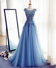 Prom Dress With Pockets, Blue A Line Tulle Lace Long Prom Dress, Evening Dress