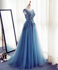 Prom Dresses Lace, Blue A Line Tulle Lace Long Prom Dress, Evening Dress