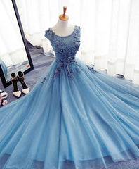 Prom Dresses With Sleeves, Blue A Line Tulle Lace Long Prom Dress, Evening Dress