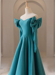 Formal Dress Simple, Teal Blue Long Sleeves with Bow A-line Sweetheart Prom Dress, Teal Blue Evening Dress