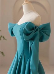 Formal Dresses Ball Gown, Teal Blue Long Sleeves with Bow A-line Sweetheart Prom Dress, Teal Blue Evening Dress