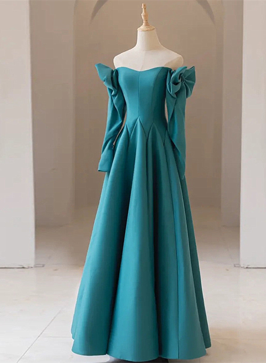 Formal Dresses Simple, Teal Blue Long Sleeves with Bow A-line Sweetheart Prom Dress, Teal Blue Evening Dress