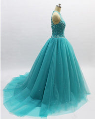 2032 Prom Dress, Teal Blue Tulle Beaded Ball Gown High Neckline Sweet 16 Dress, Blue Quinceanera Dresses