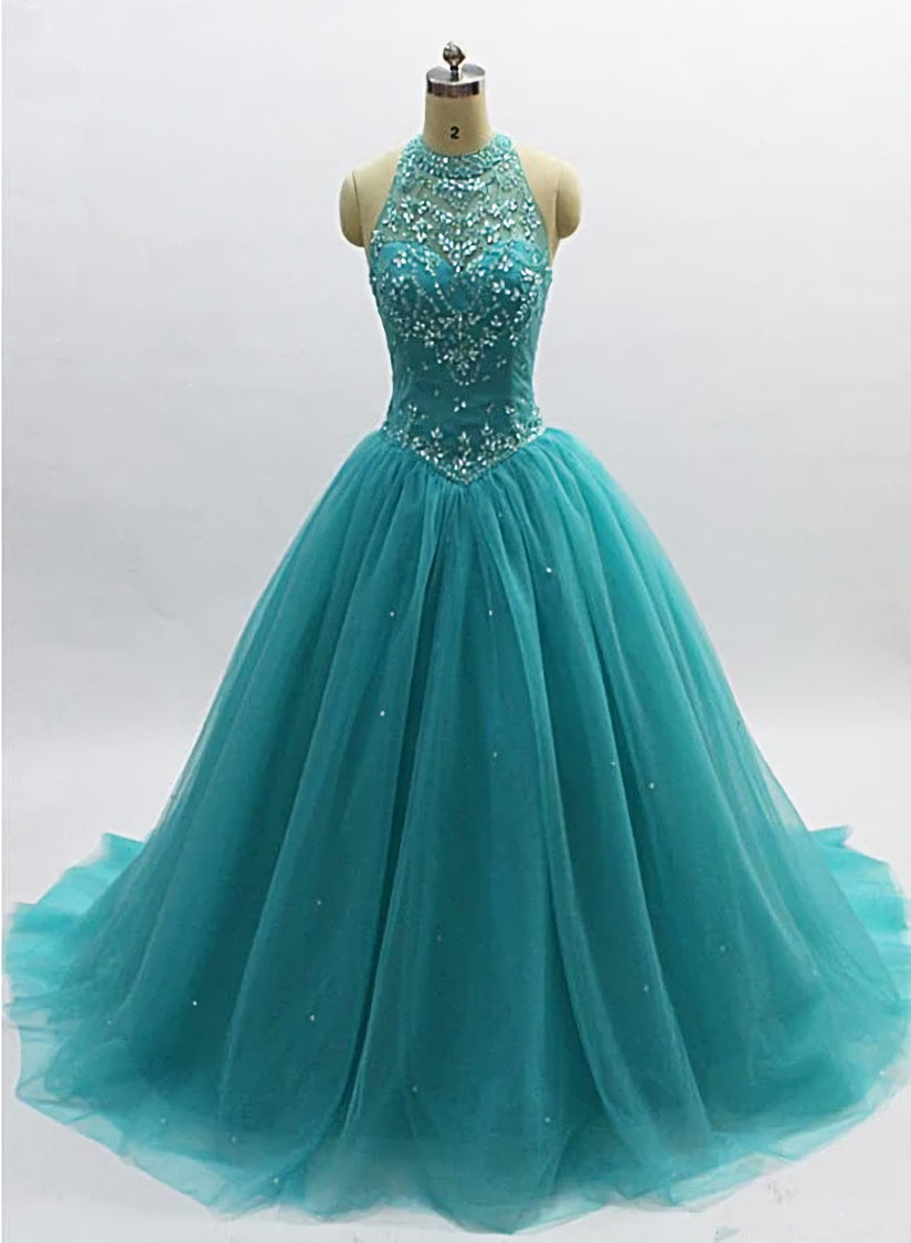 Princess Dress, Teal Blue Tulle Beaded Ball Gown High Neckline Sweet 16 Dress, Blue Quinceanera Dresses