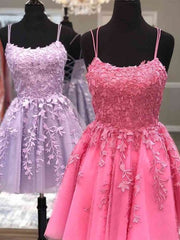 Green Dress, Thin Straps Short Purple Pink Lace Prom Dresses, Short Purple Pink Lace Graduation Homecoming Dresses