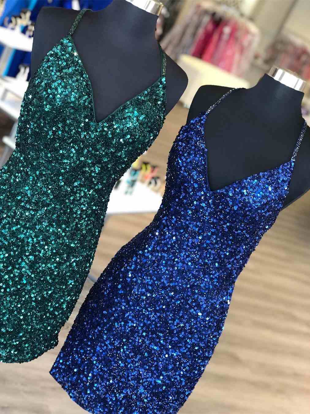 Hoco, Tight Dark Green Sequins Party Dress Bodycon Dresses