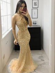 Pretty Dress, Trumpet/Mermaid Halter Sweep Train Tulle Prom Dresses With Beading