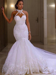 Wedding Dress Vintage Lace, Trumpet/Mermaid Halter Sweep Train Tulle Wedding Dresses With Appliques Lace