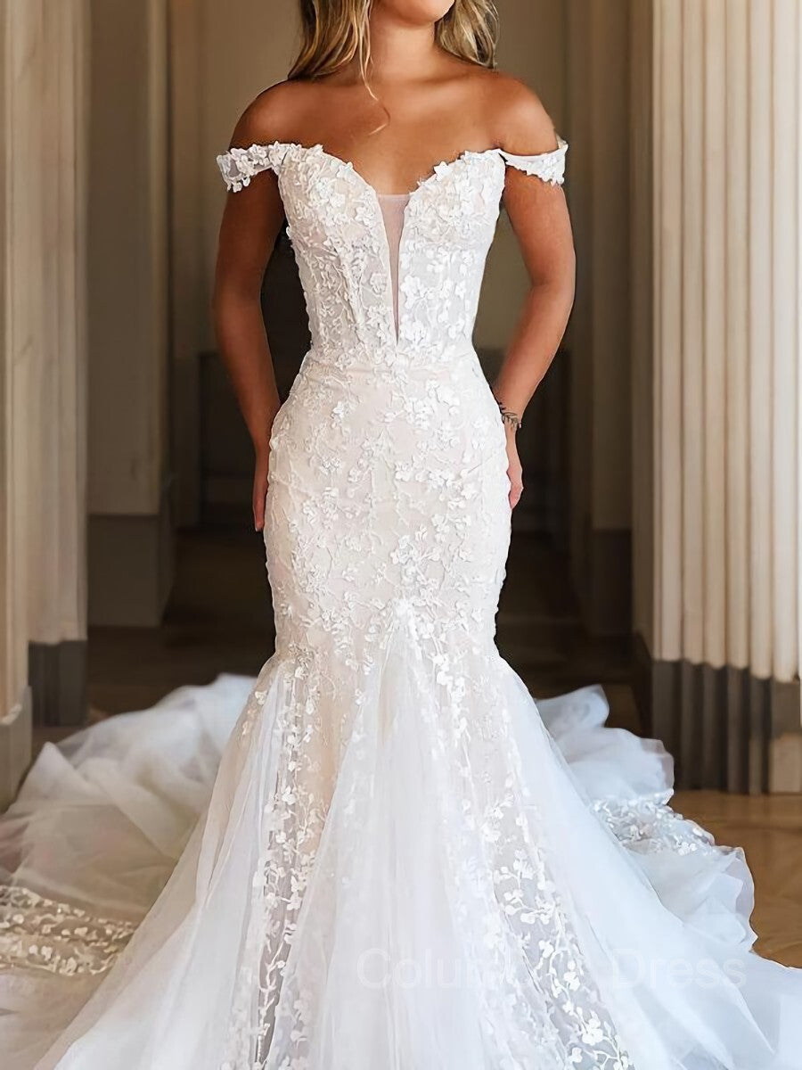 Wedding Dresses Cheaper, Trumpet/Mermaid Off-the-Shoulder Cathedral Train Tulle Wedding Dresses