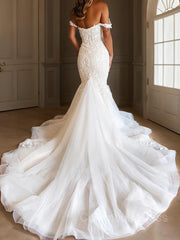 Wedding Dress Cheaper, Trumpet/Mermaid Off-the-Shoulder Cathedral Train Tulle Wedding Dresses