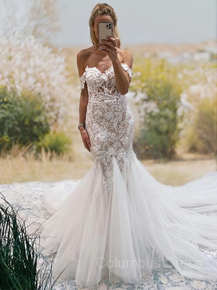 Weddings Dress Online, Trumpet/Mermaid Off-the-Shoulder Cathedral Train Tulle Wedding Dresses With Appliques Lace