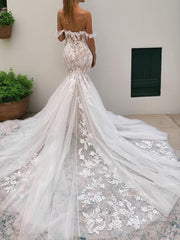 Wedding Dress With Shoes, Trumpet/Mermaid Off-the-Shoulder Cathedral Train Tulle Wedding Dresses With Appliques Lace
