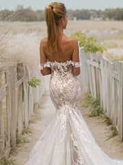 Wedding Dresses With Shoes, Trumpet/Mermaid Off-the-Shoulder Cathedral Train Tulle Wedding Dresses With Appliques Lace
