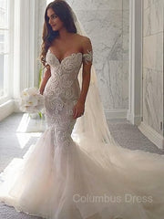 Wedding Dresses Fitted, Trumpet/Mermaid Off-the-Shoulder Chapel Train Tulle Wedding Dresses
