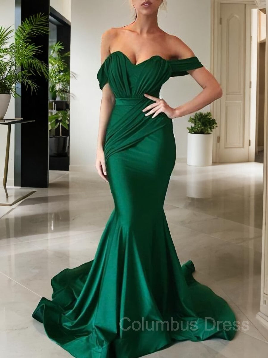 Bridesmaid Dress Color Palettes, Trumpet/Mermaid Off-the-Shoulder Sweep Train Jersey Prom Dresses With Ruffles