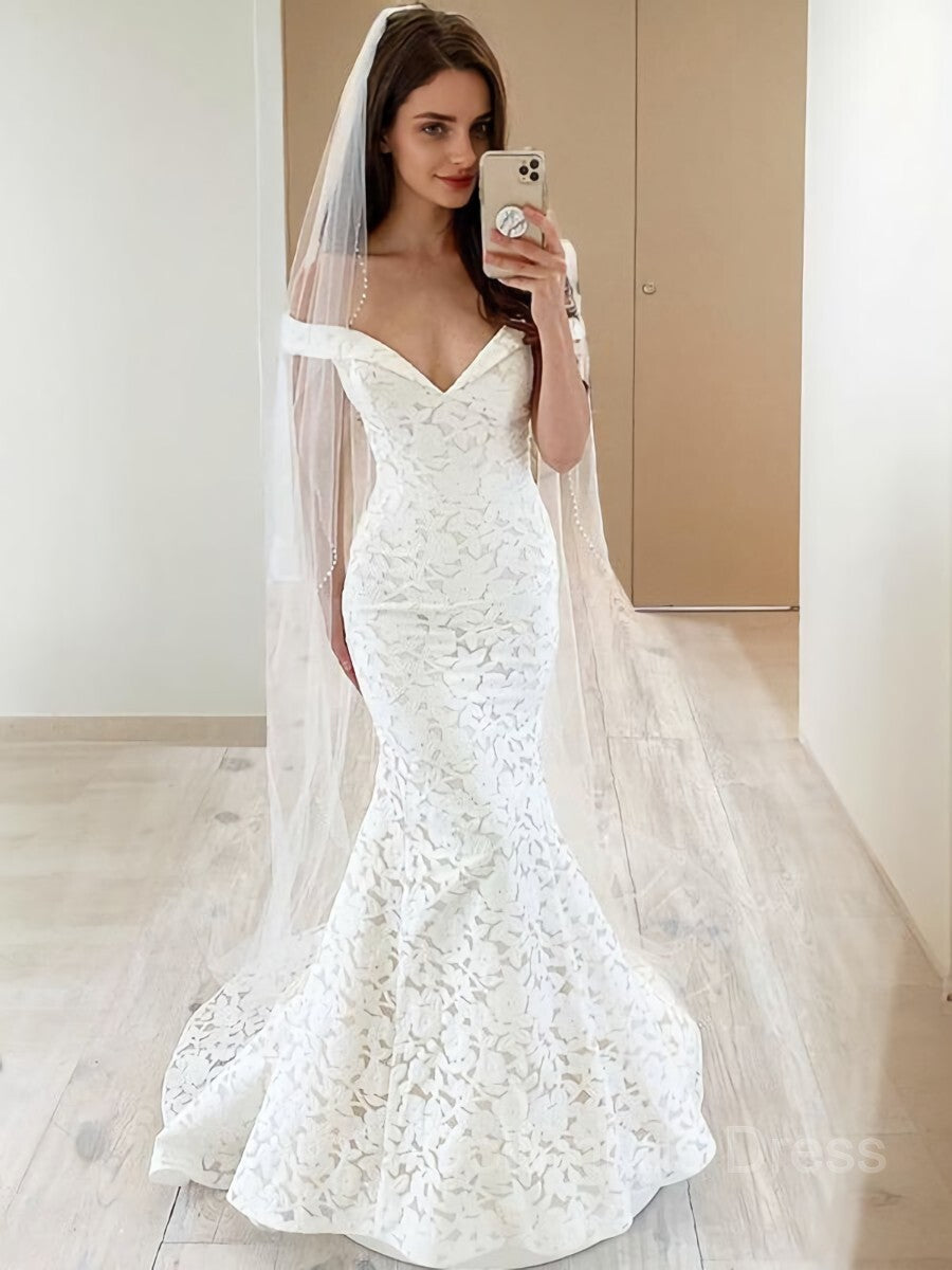 Wedding Dress With Strap, Trumpet/Mermaid Off-the-Shoulder Sweep Train Lace Wedding Dresses