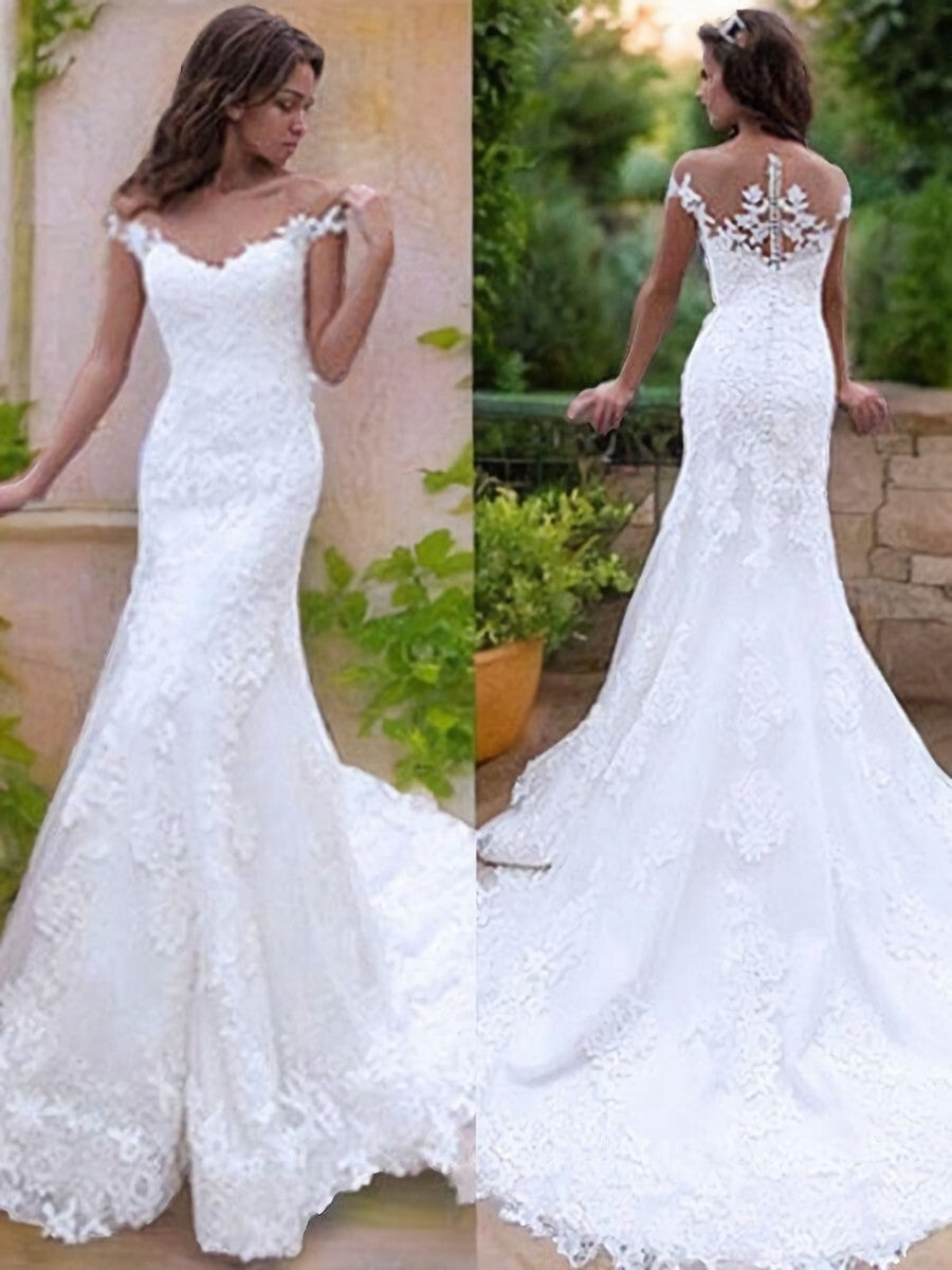 Wedding Dress For Beach Wedding, Trumpet/Mermaid Off-the-Shoulder Sweep Train Tulle Wedding Dresses