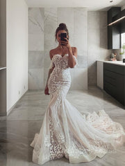 Wedding Dresses Back, Trumpet/Mermaid Off-the-Shoulder Sweep Train Tulle Wedding Dresses With Appliques Lace