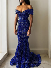 Party Dresses For Christmas, Trumpet/Mermaid Off-the-Shoulder Sweep Train Velvet Sequins Evening Dresses