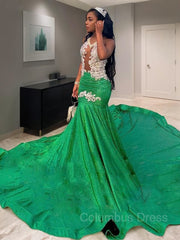 Prom Dresses, Trumpet/Mermaid Scoop Chapel Train Silk like Satin Prom Dresses With Appliques Lace