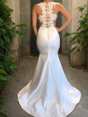 Wedding Dress Open Back, Trumpet/Mermaid Scoop Court Train Satin Wedding Dresses With Appliques Lace