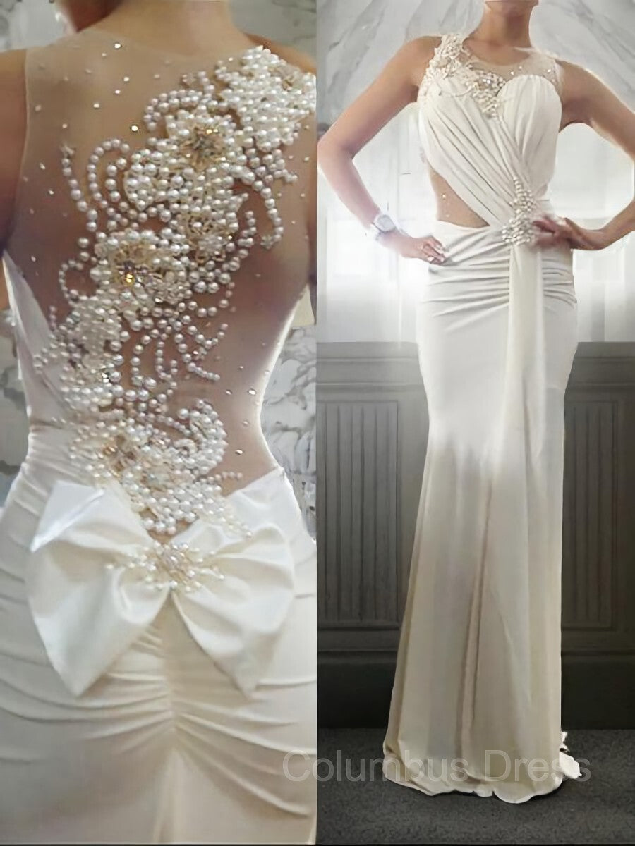 Prom Dress Ballgown, Trumpet/Mermaid Scoop Sweep Train Silk like Satin Prom Dresses With Bow
