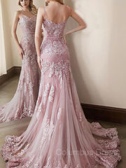 Bridesmaid Dresses Styles Long, Trumpet/Mermaid Spaghetti Straps Sweep Train Lace Evening Dresses With Appliques Lace