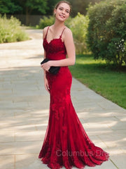 Prom Dress Silk, Trumpet/Mermaid Spaghetti Straps Sweep Train Lace Evening Dresses With Appliques Lace