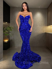 Homecoming Dresses Silk, Trumpet/Mermaid Spaghetti Straps Sweep Train Velvet Sequins Evening Dresses