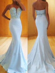 Party Dress Boots, Trumpet/Mermaid Sweetheart Sweep Train Satin Prom Dresses With Beading