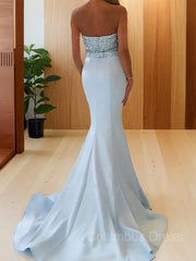 Party Dresses Black And Gold, Trumpet/Mermaid Sweetheart Sweep Train Satin Prom Dresses With Beading