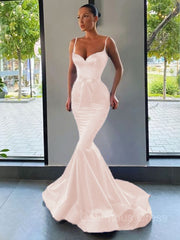 Prom Dress Long Formal Evening Gown, Trumpet/Mermaid Sweetheart Sweep Train Silk like Satin Prom Dresses With Belt/Sash